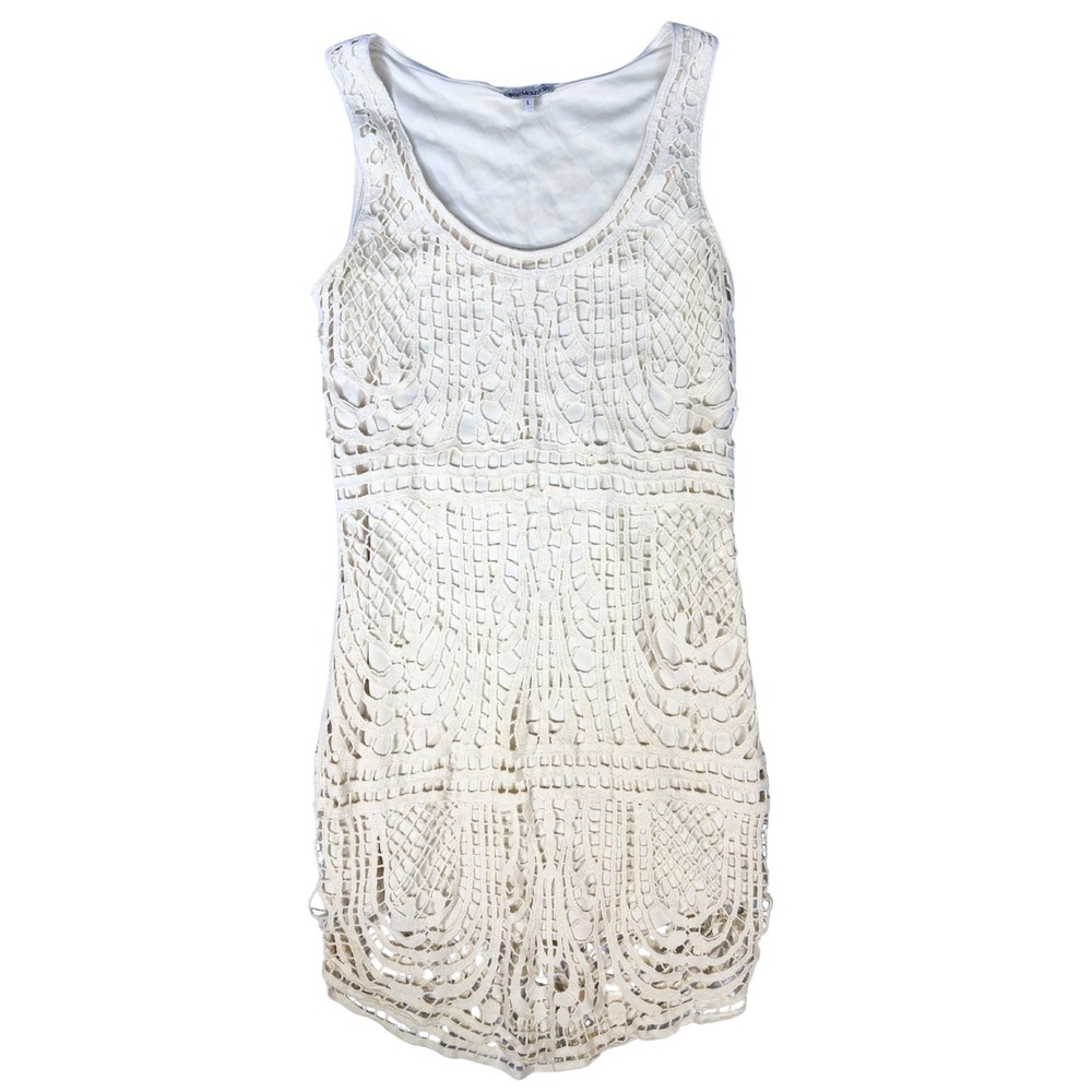 Best Mountain French Cotton Crochet Mini Dress Sleeveless Off White Cream Large